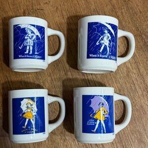 Set Of 4 Morton Salt Coffee Mugs 1914 1921 1956 1968 "When It Rains It Pours"